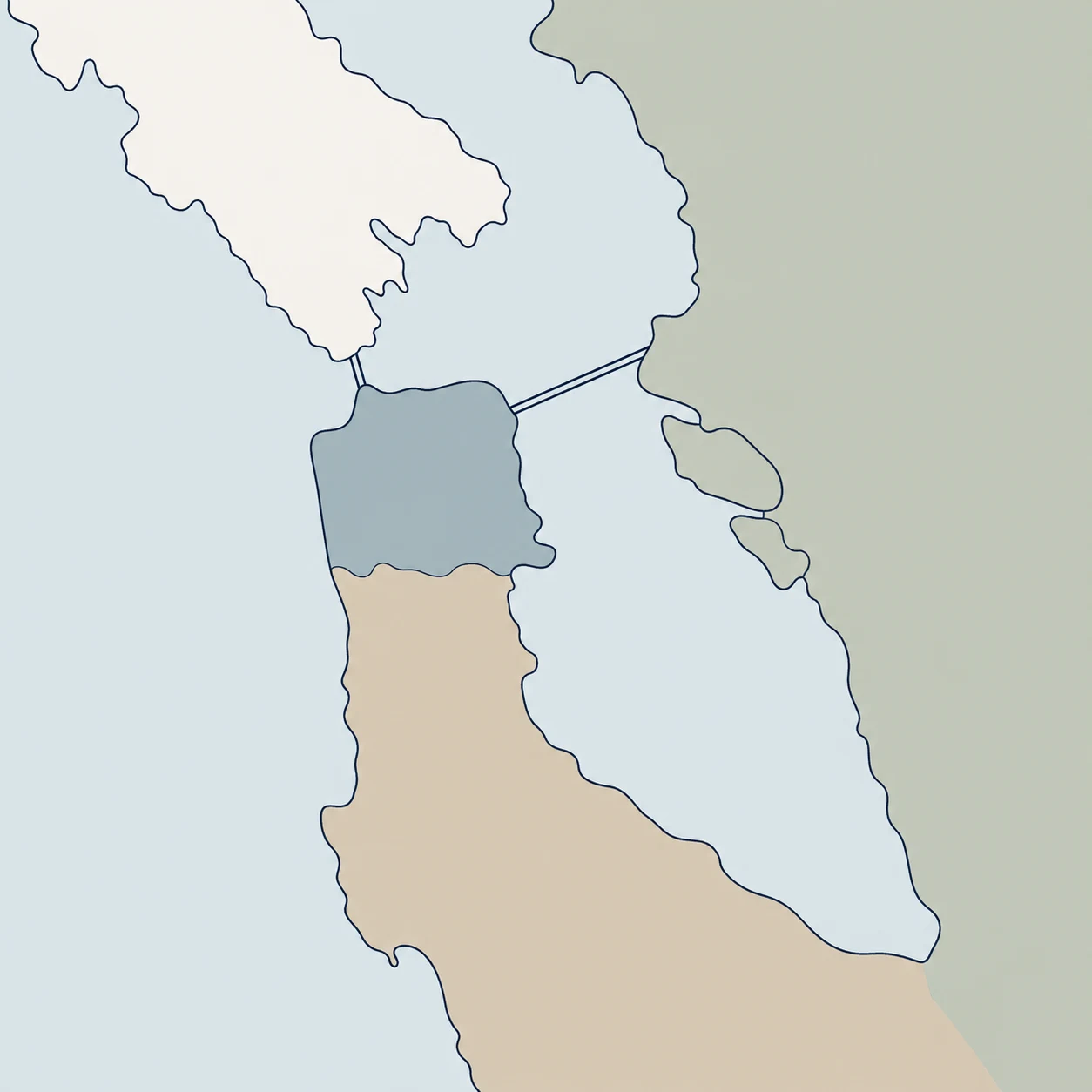 Illustrierte San Francisco Bay mit der Halbinsel im Westen, Golden Gate im Norden und Oakland am Ostufer.